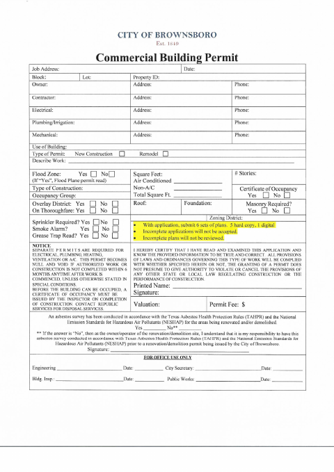 First page of the Commercial Building Permit