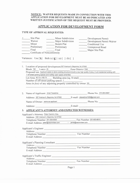 First page of the Application for Development (A-3)