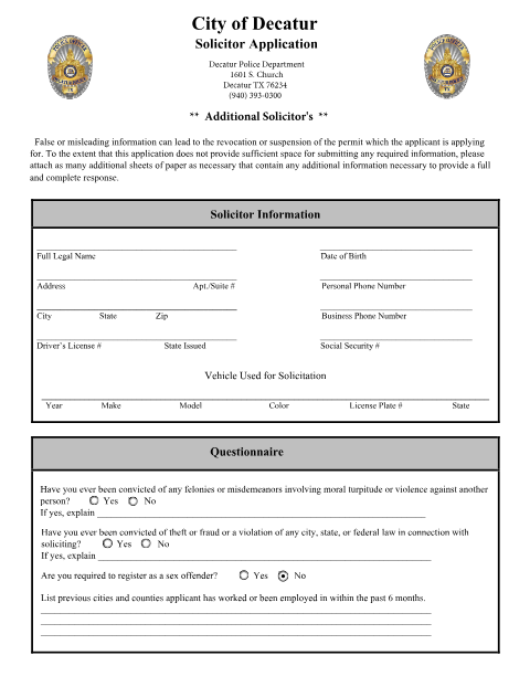 First page of the Additional Solicitor Application