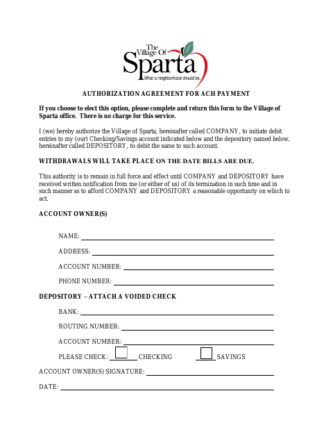 First page of the Authorization Agreement for ACH Payment