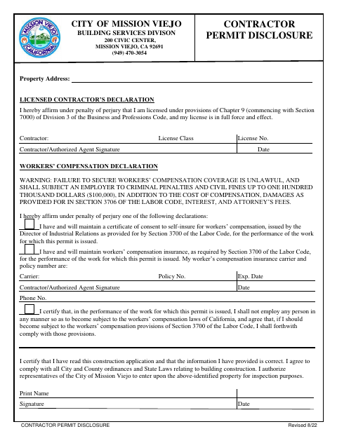 First page of the Contractor Permit Disclosure