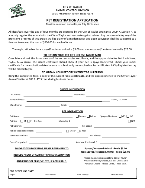 First page of the Pet Registration Application