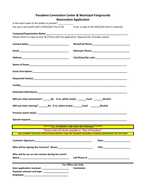 First page of the Convention Center & Municipal Fairgrounds Reservation Application
