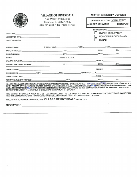 First page of the Water Security Deposit Form