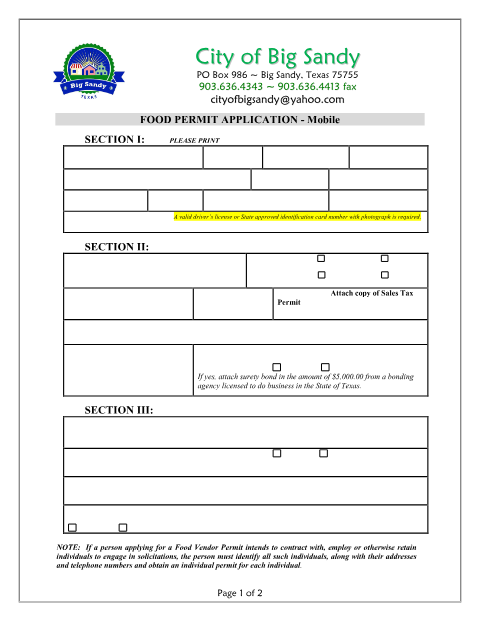 First page of the Food Vendor Permit Mobile Application