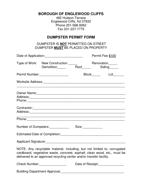 First page of the Dumpster Permit Form