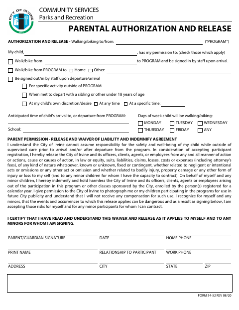 First page of the Parental Authorization And Release