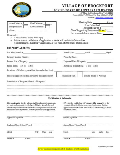 First page of the Zoning Board of Appeals Application