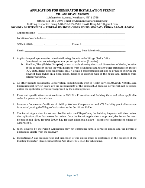 First page of the Generator Installation Permit Application