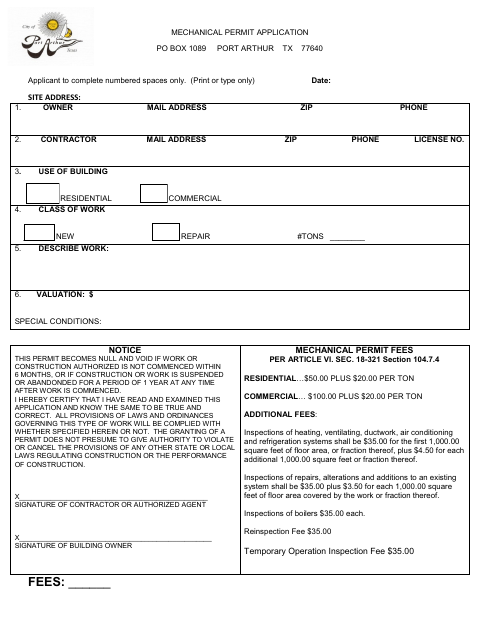 First page of the Mechanical Permit Application