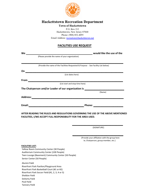 First page of the Facilities Use Request