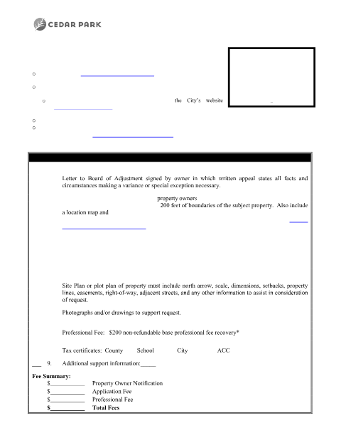 First page of the Board of Adjustment Application