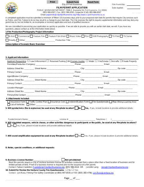 First page of the Film Permit Application Package