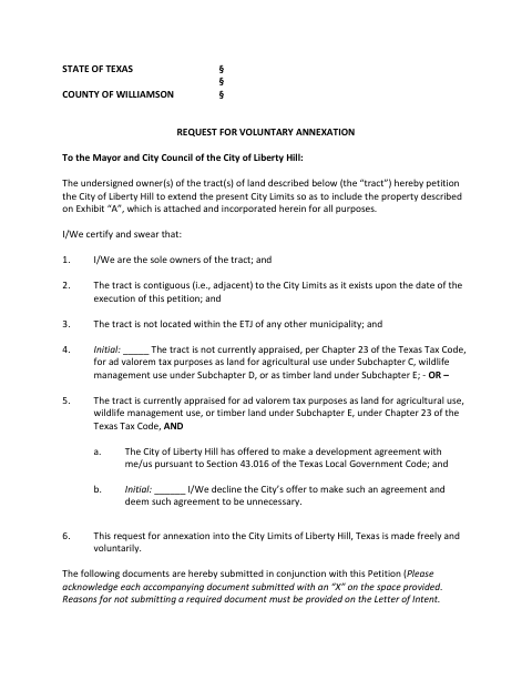 First page of the Request for Voluntary Annexation