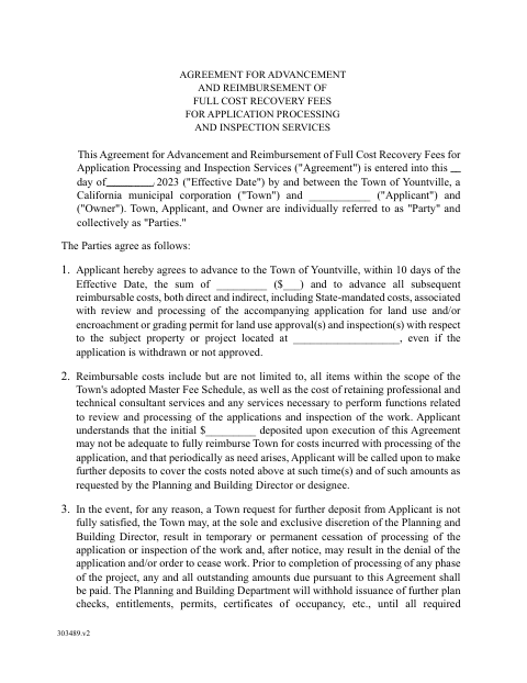 First page of the Agreement for Advancement and Reimbursement of Full Cost Recovery Fees