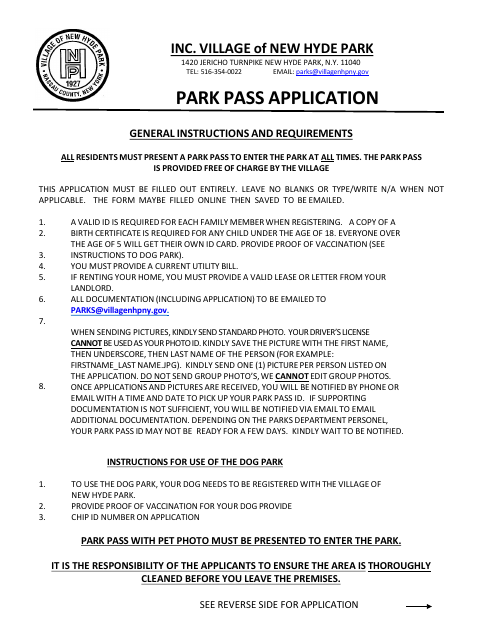 First page of the Park Pass Application