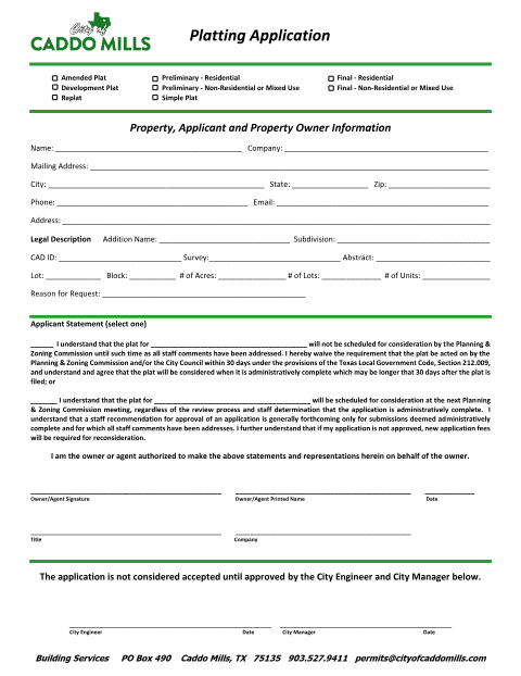 First page of the Platting Application