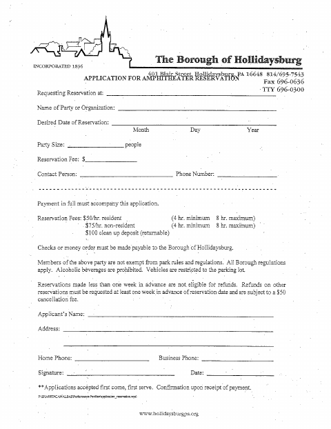 First page of the Amphitheater Reservation Application