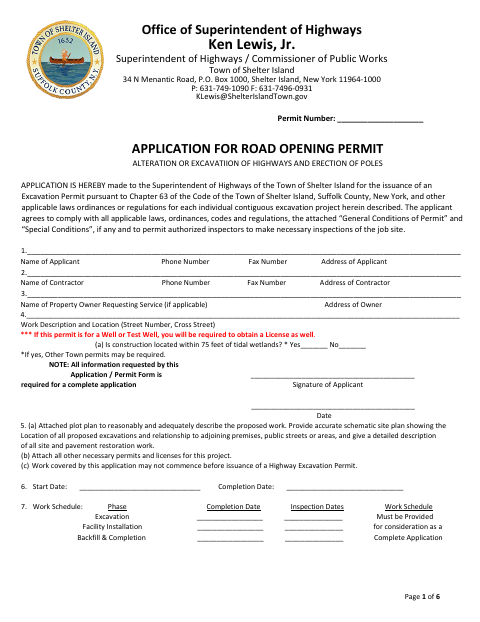 First page of the Application for Road Opening Permit