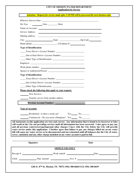 First page of the Application for Service