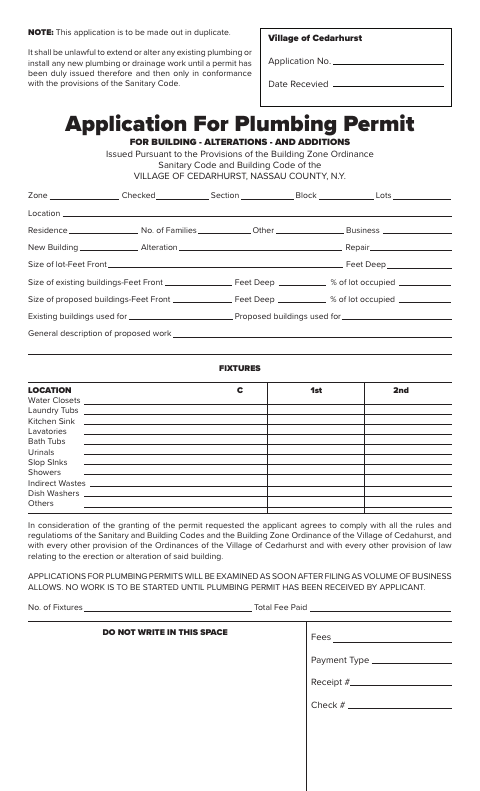 First page of the Application For Plumbing Permit