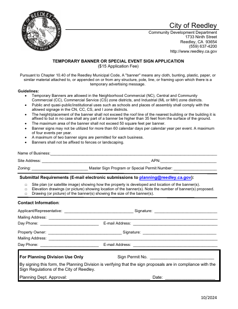 First page of the Temporary Banner or Special Event Sign Application