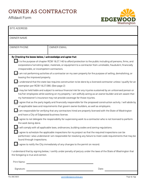 First page of the Owner as Contractor Affidavit