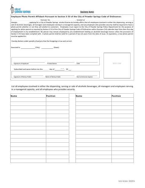 First page of the Employee Photo Permit Affidavit