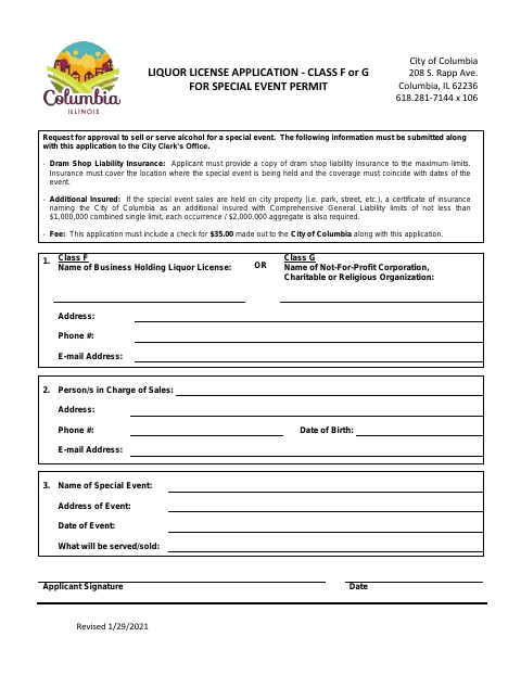 First page of the Liquor License Application for Class F or G Special Event Permit