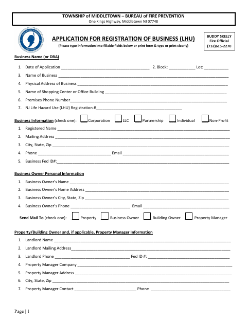 First page of the Application for Registration of Business (LHU)