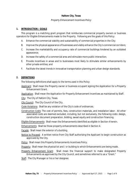 First page of the Property Enhancement Incentive Application