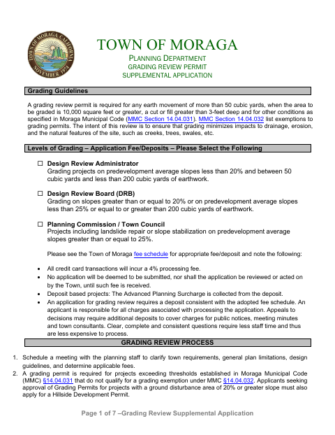 First page of the Grading Review Permit Supplemental Application