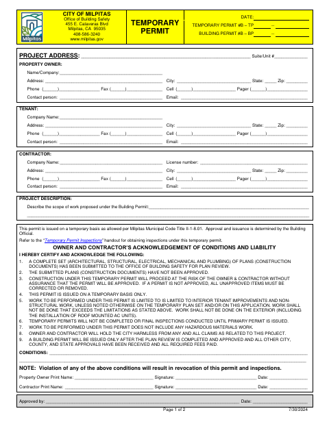 First page of the Temporary Building Permit Application
