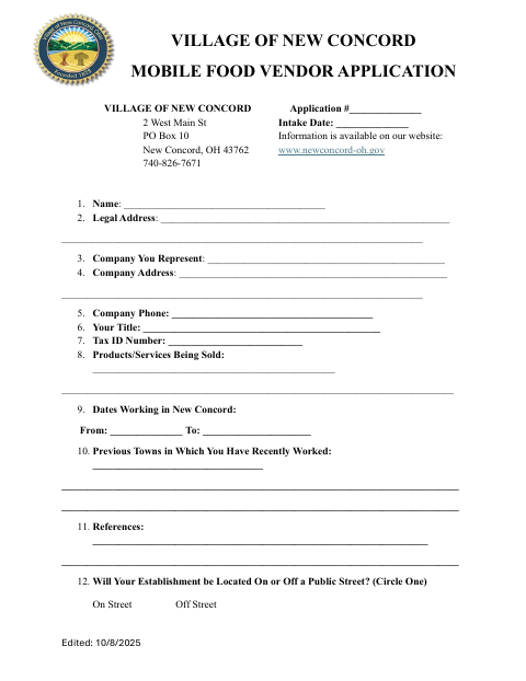 First page of the Mobile Food Vendor Application