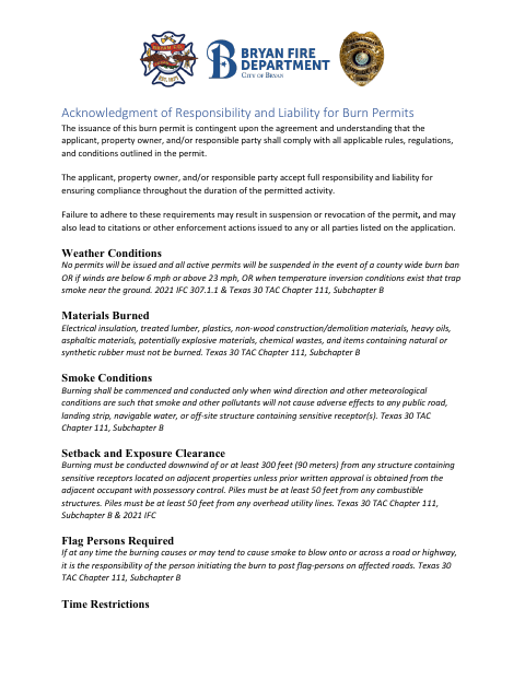 First page of the Acknowledgment of Responsibility and Liability for Burn Permits