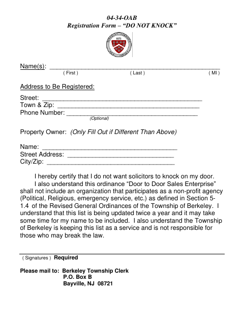 First page of the Do Not Knock Registration Form