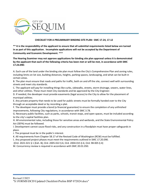 First page of the Checklist for a Preliminary Binding Site Plan