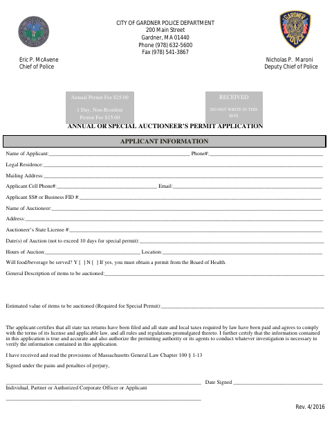First page of the Annual Or Special Auctioneer Permit Application