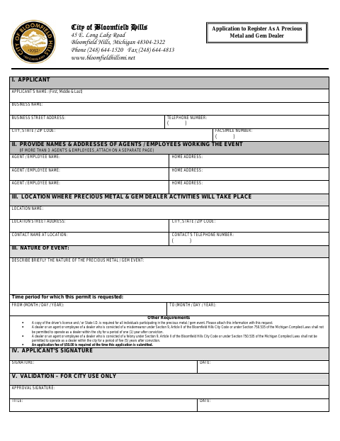 First page of the Application to Register as a Precious Metal and Gem Dealer