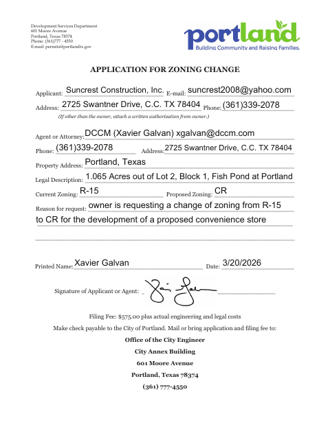 First page of the Application for Zoning Change