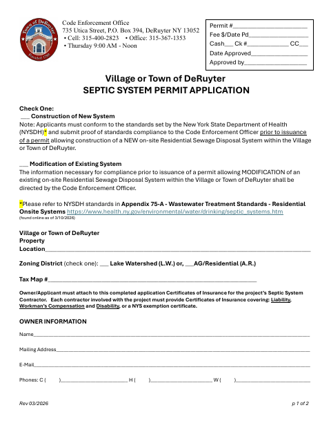 First page of the Septic System Permit Application