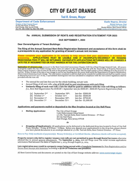 First page of the Annual Filing of Itemized Rent-Roll and Registration Statement