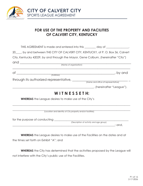 First page of the Sports League Agreement