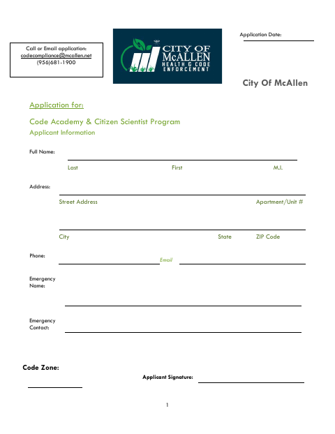First page of the Code Academy & Citizen Scientist Program Application