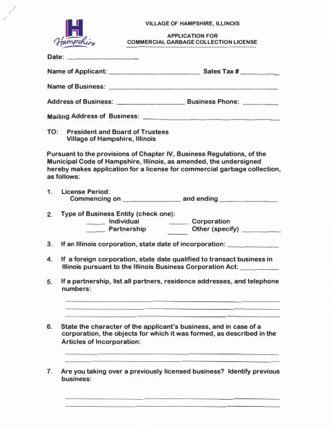 First page of the Commercial Garbage Collection License Application