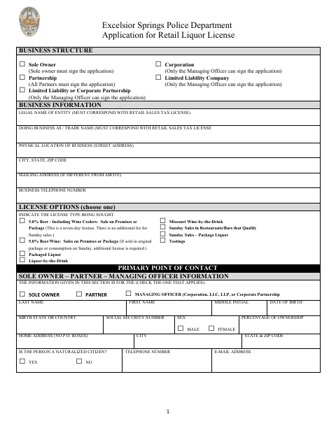 First page of the Retail Liquor License Application