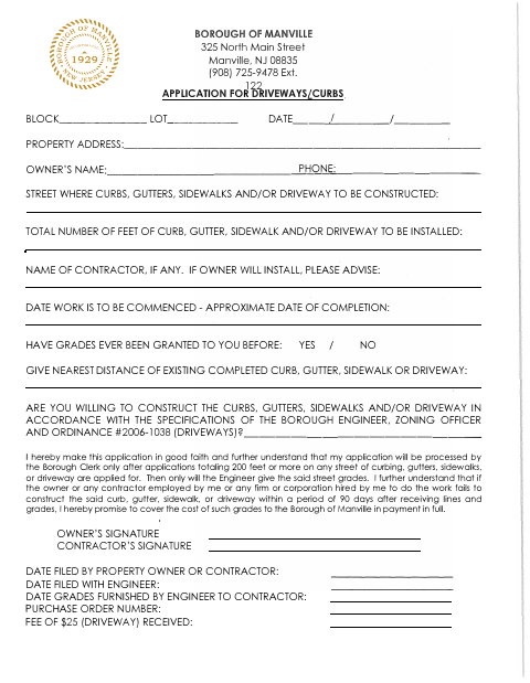 First page of the Application for Driveways and Curbs