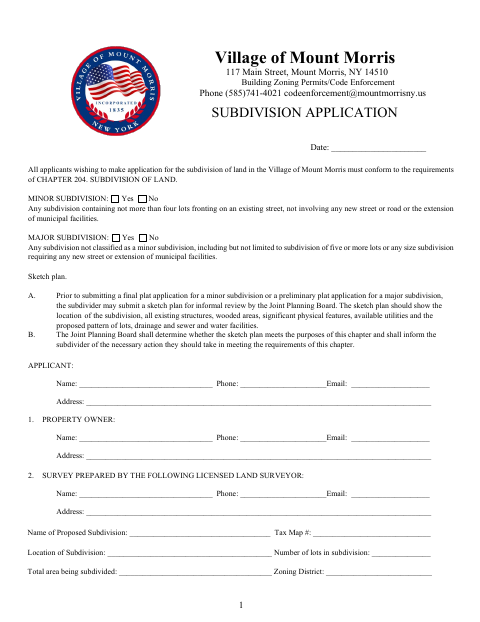 First page of the Subdivision Application