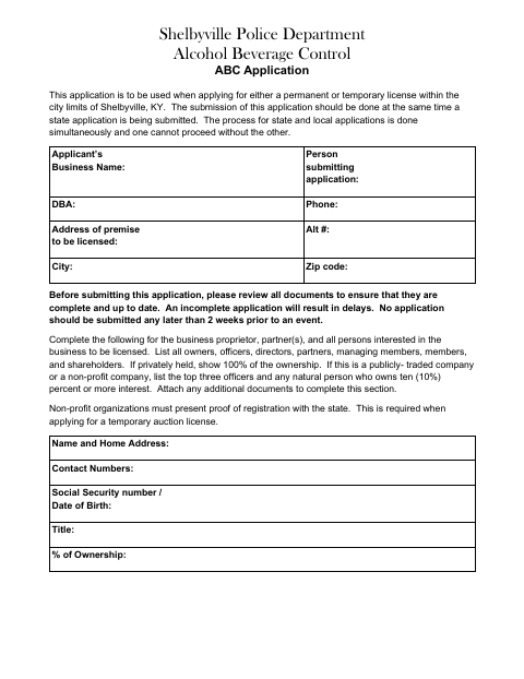 First page of the Alcohol Beverage Control Application