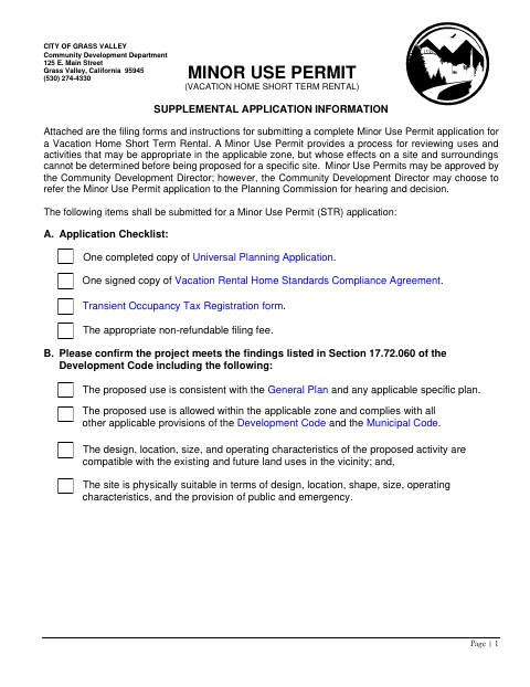 First page of the Minor Use Permit Application (Vacation Home Rental)
